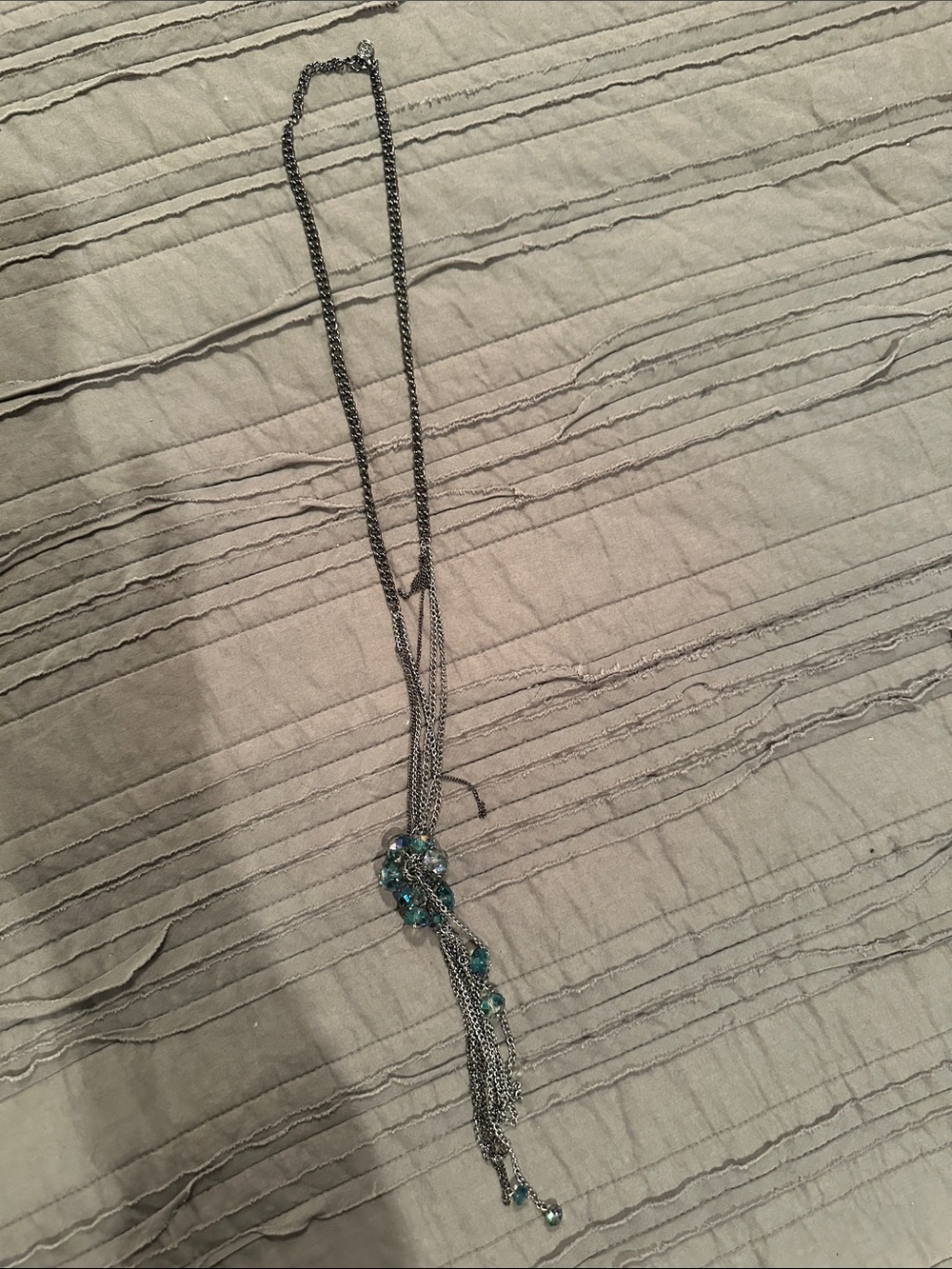 Long Silver Chain Necklace with Teal Crystal Tassel